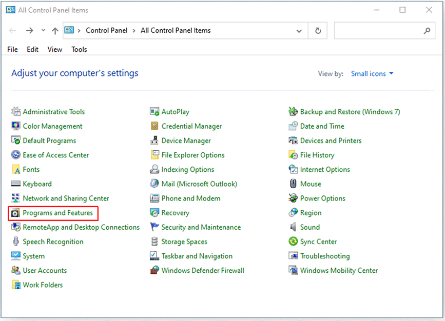 click programs and features