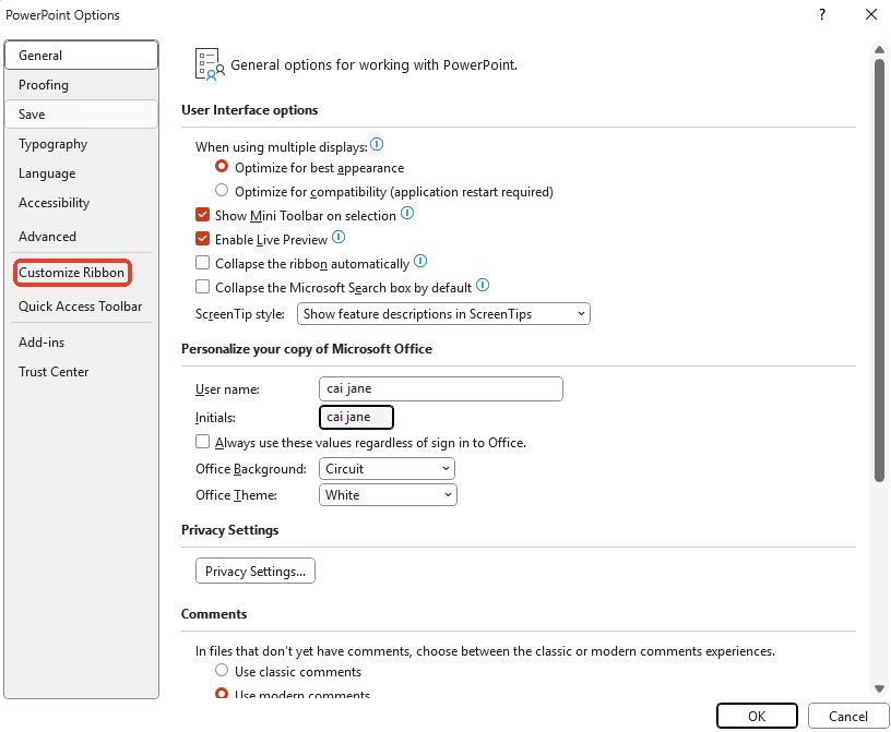 click customize ribbon in powerpoint