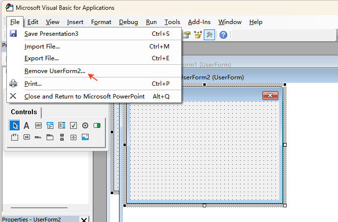 remove userform 2 in ppt