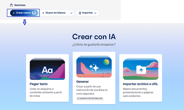 Crear nueva presentacion de Gamma AI