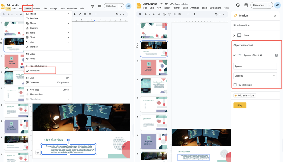  add animations on google slides on phone