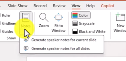 add speaker notes with copilot