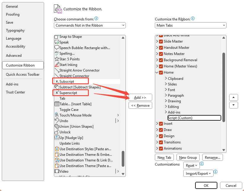 add superscript and subscript to toolbar in powerpoint