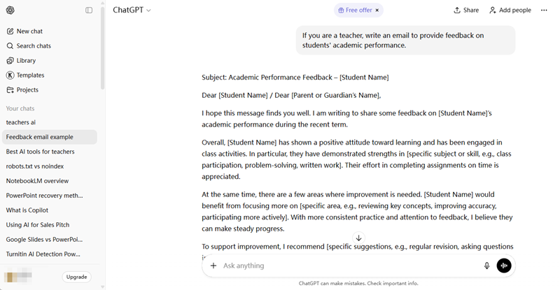 screenshot of chatgpt overall ai tool for taechers