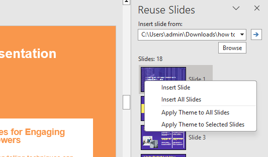 insert slides by reusing slides