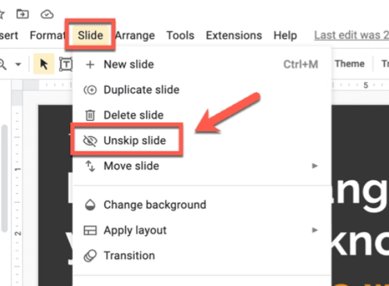 hide google slides with slides menu