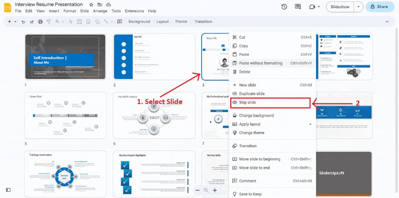 hide slide in google slide using grid view
