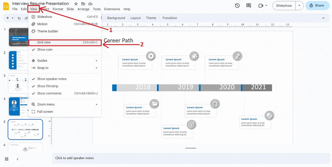 hide slide in google slide using grid view