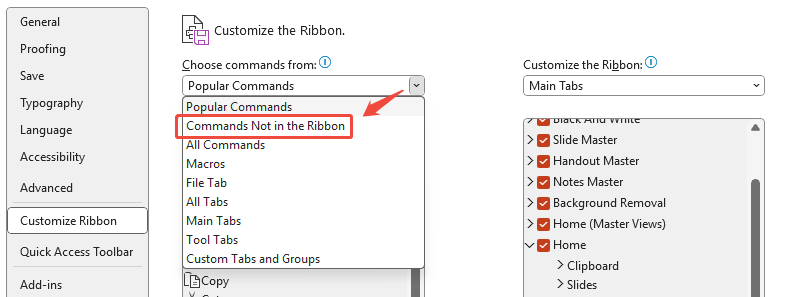 select commands not in the riibon in powerpoint