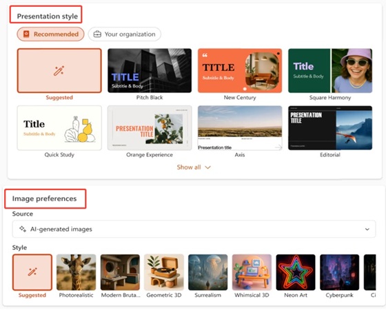 choose presentation style created by copilot
