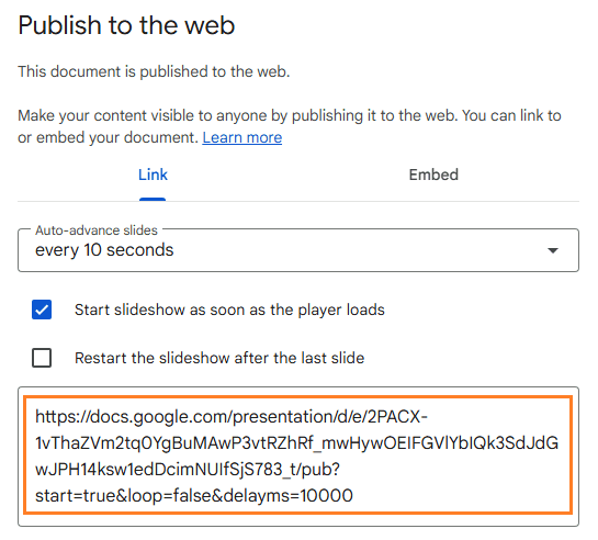 copy web publish link