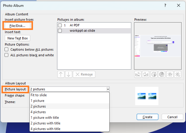 create picture slideshow using album feature in ppt