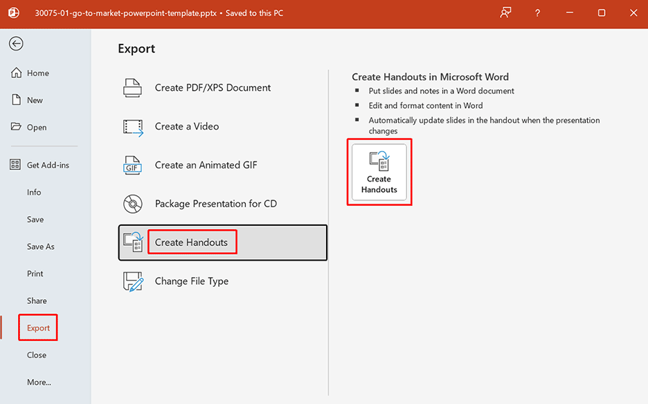 click create handouts