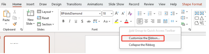 open customize the ribbon for adding superscript and subscript in powerpoint