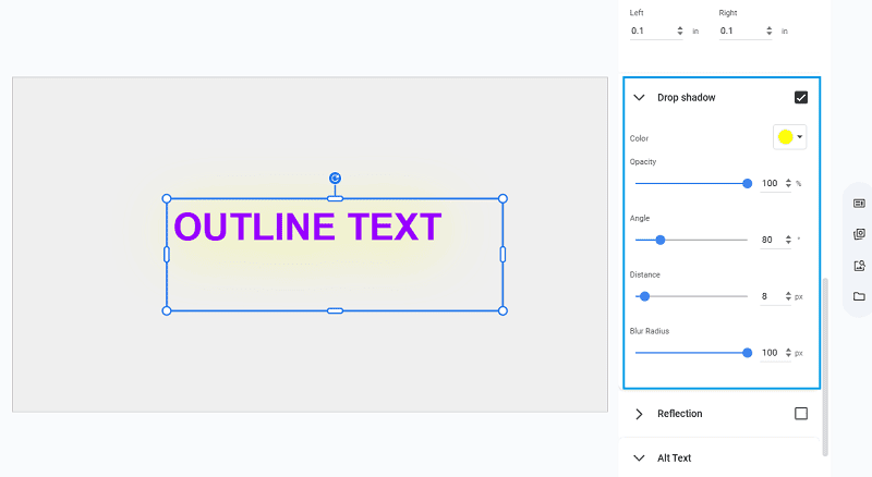 drop shadow settings of outline text