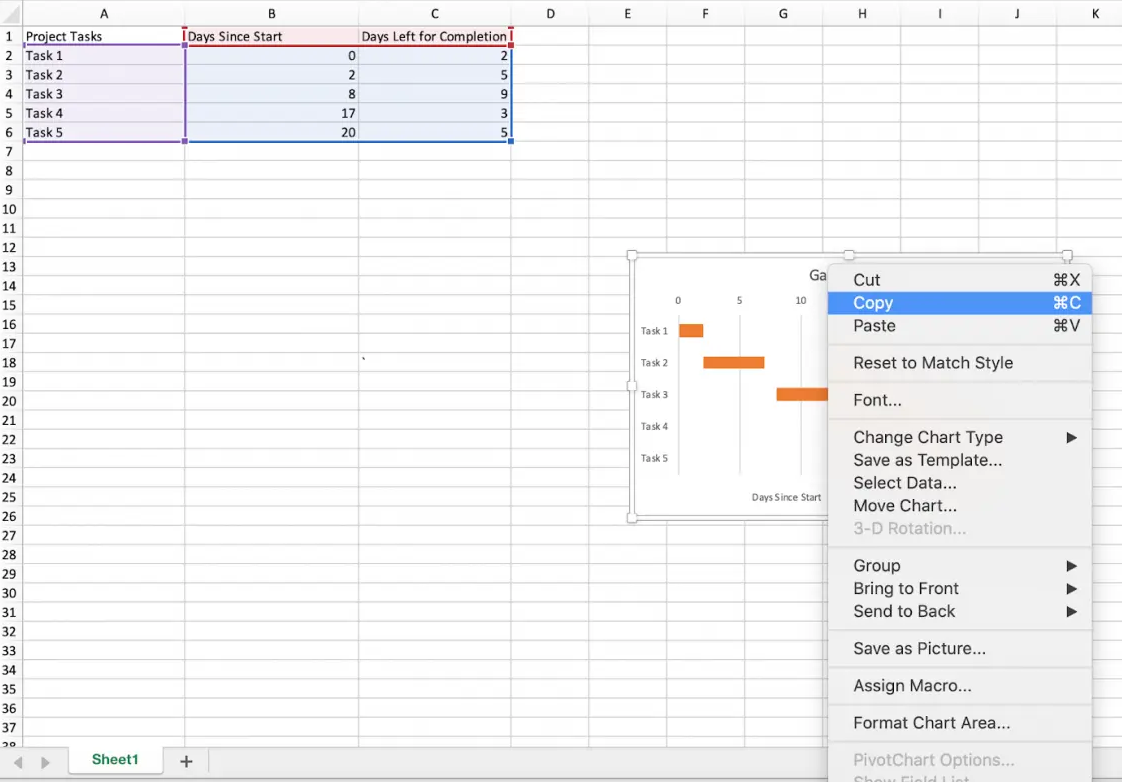 copy the gantt in excel