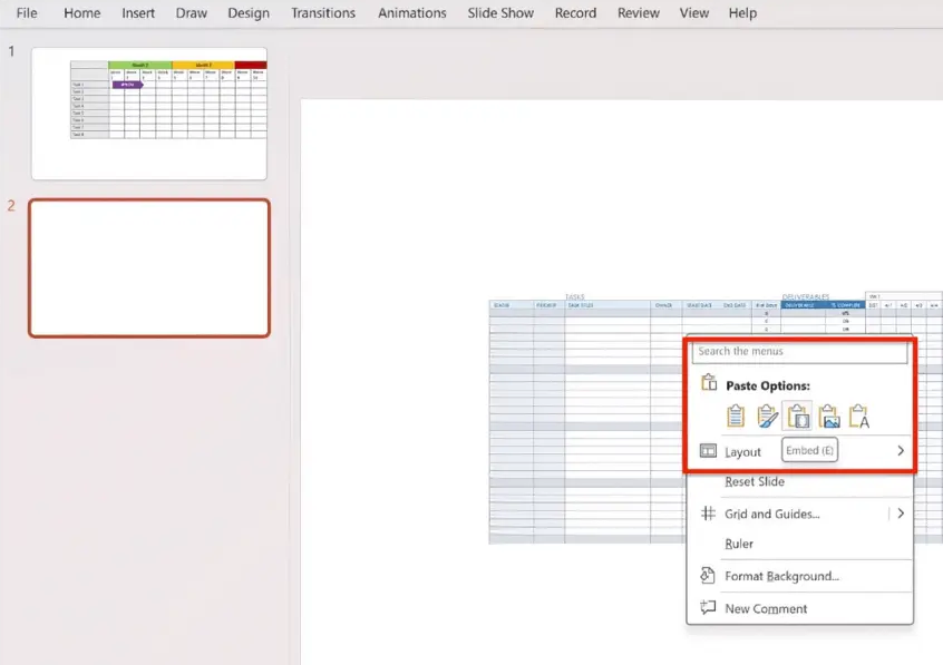 paste the gantt in ppt