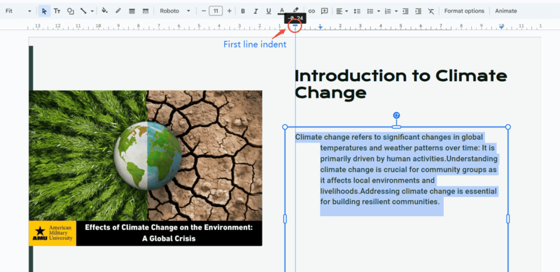 doing first line indent in google slides