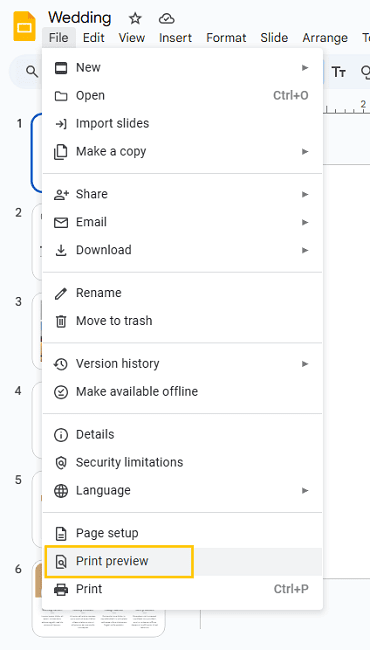 google slides print preview