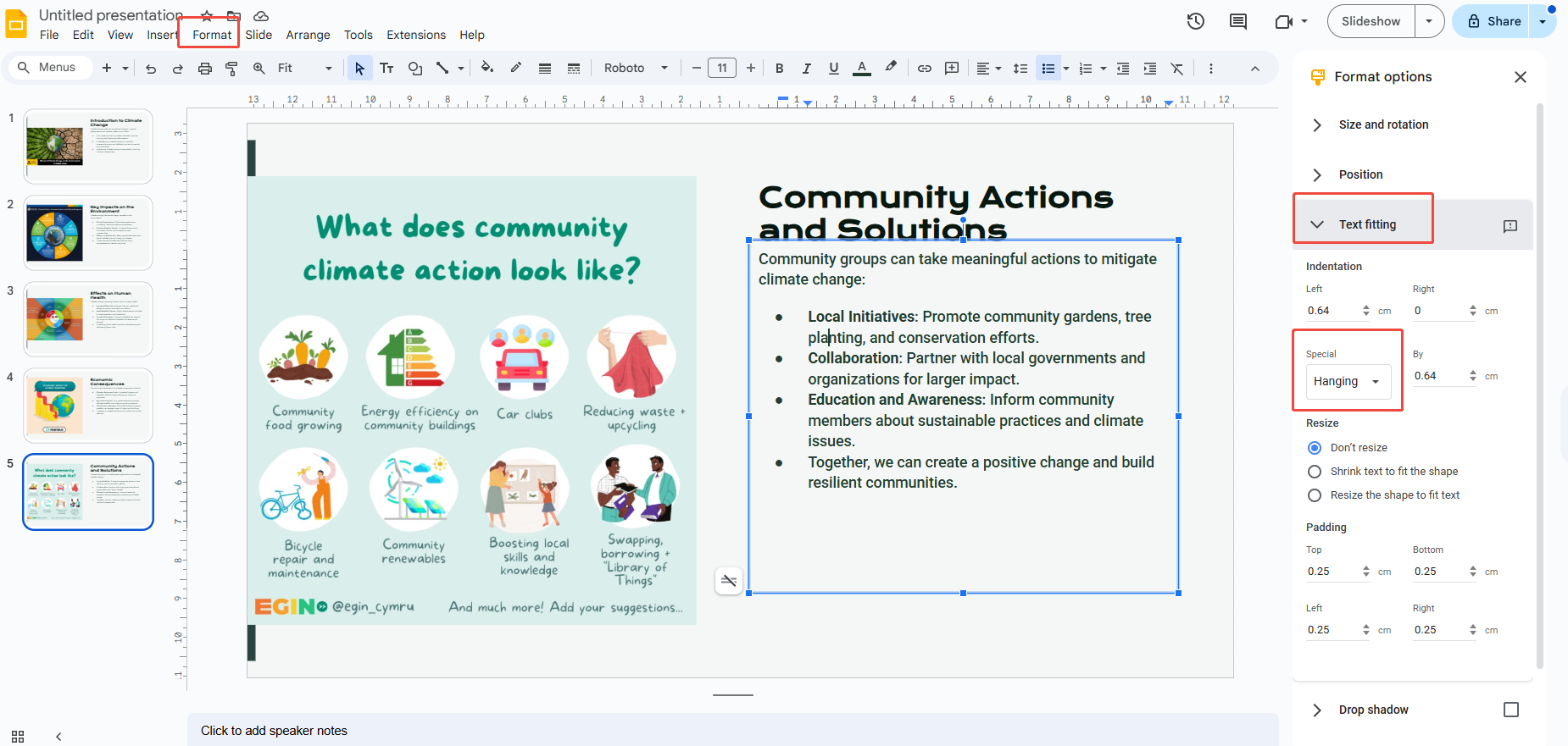 using indentation option to add hanging indent