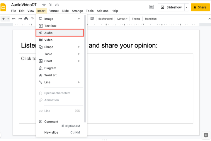 insert audio to google slides