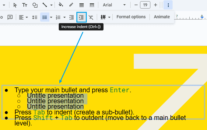 insert increase indent in google slides