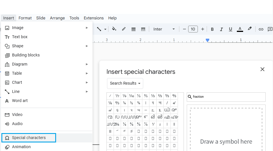 insert special fraction characters