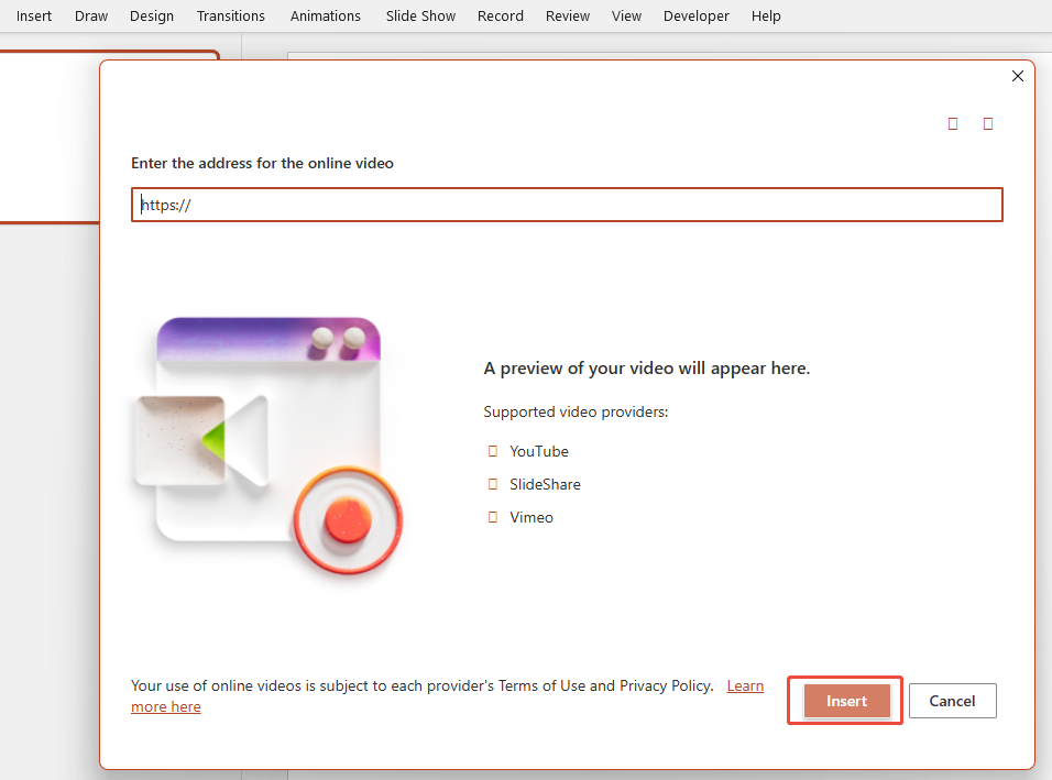 paste video url and click insert