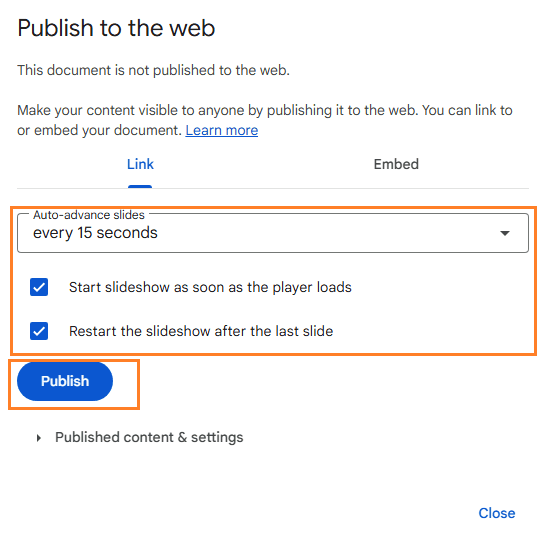 loop google slides settings