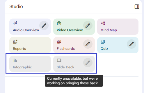 notebooklm unavailable slide deck and infographic features