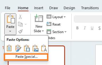 paste excel in powerpoint through paste special option