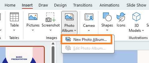 insert album in ppt for creating picture slideshow