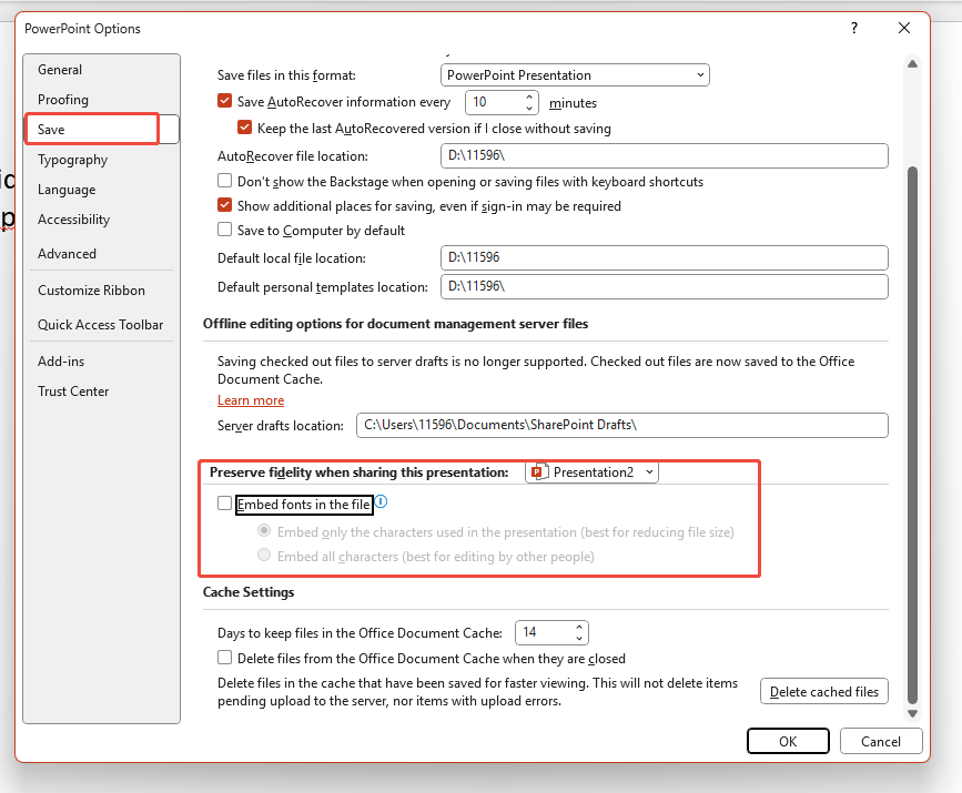 uncheck embed fonts in the file
