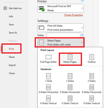 print slides with notes