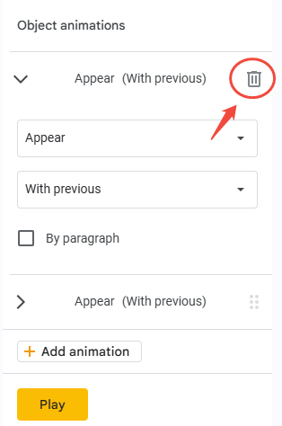 delete icon of google slides animation