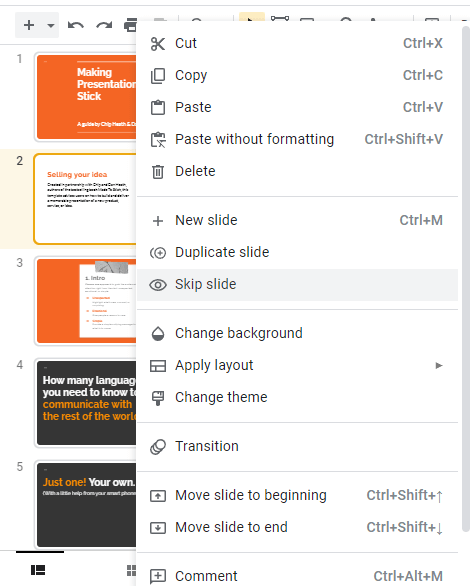 hide google slides from right click