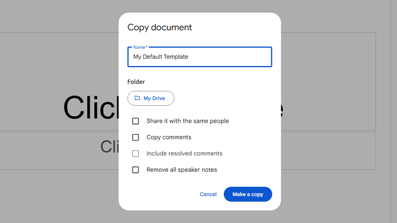save copy as default google slides template