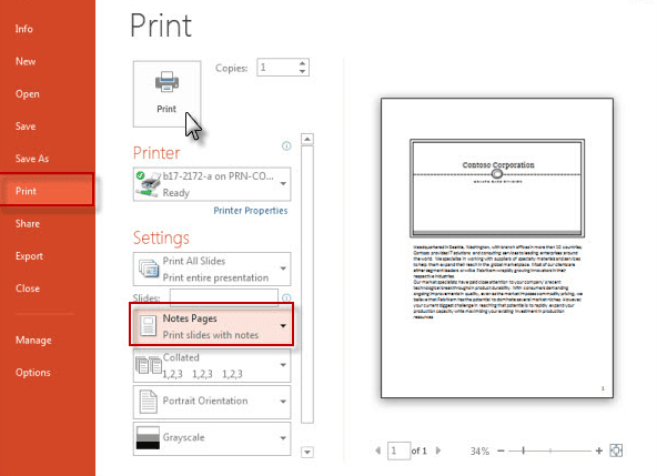 select notes pages in powerpoint