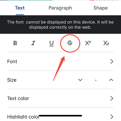 strikethrough on google Slides for mobile