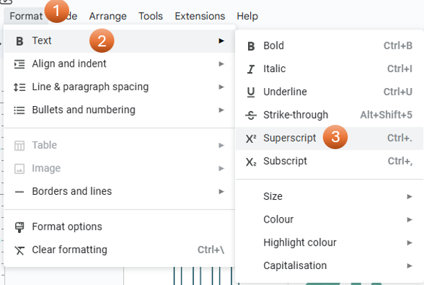 superscript in google slides