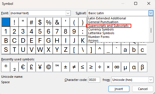 choose superscripts and subscripts in symbols