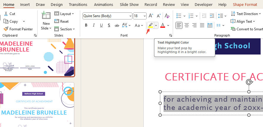 click text highlight color