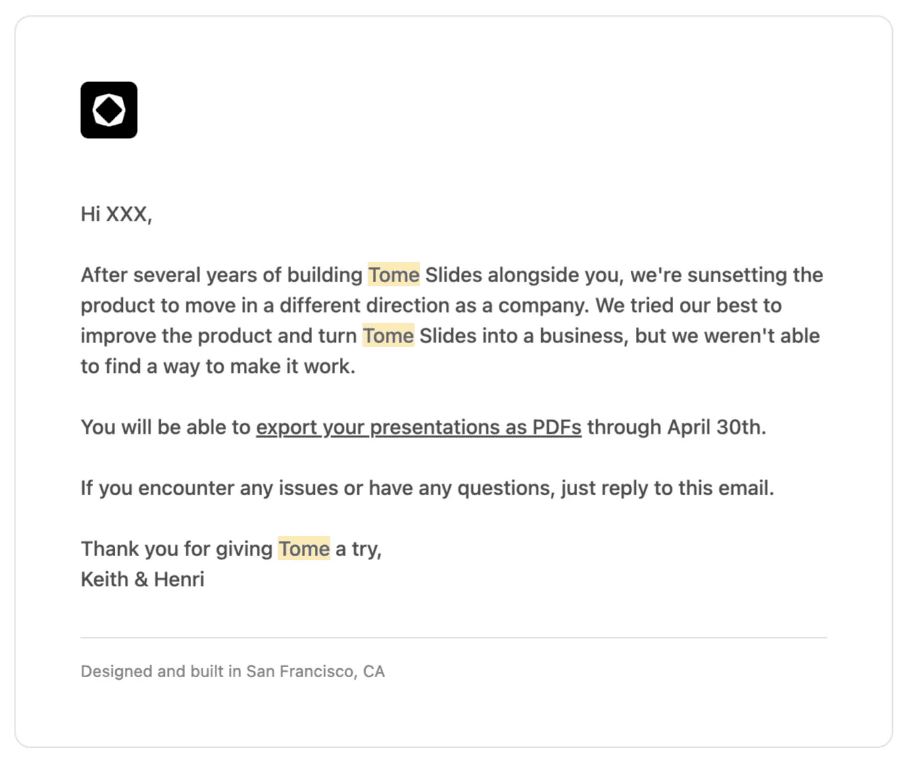 tome website shutdown inform