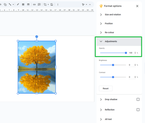 make an image transparent in google slides using slider