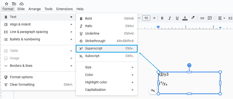 type fractions with superscript
