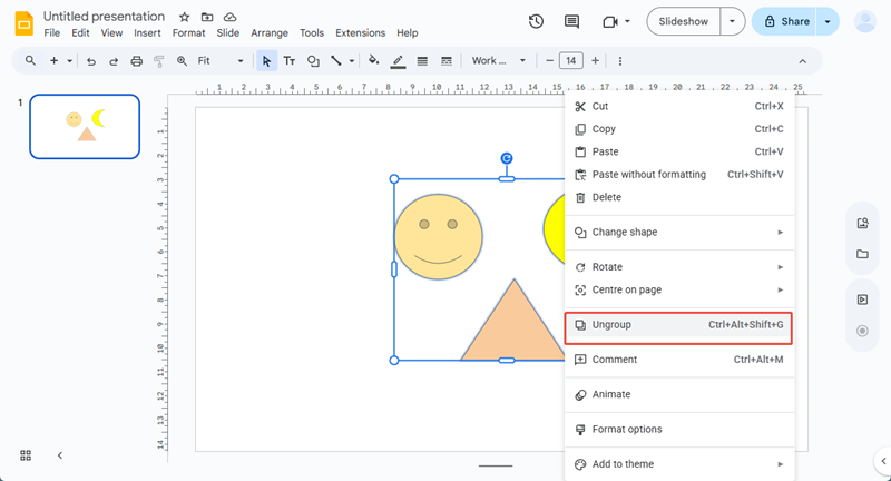 ungroup objects group on google slides