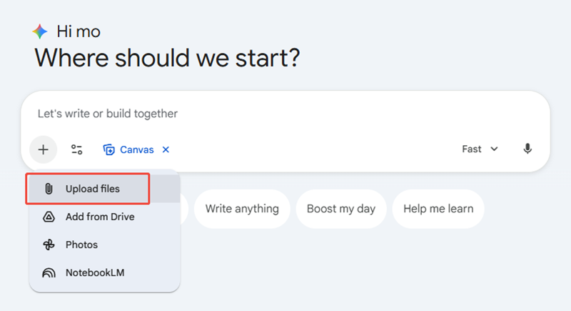 upload file on gemini for generating presentations