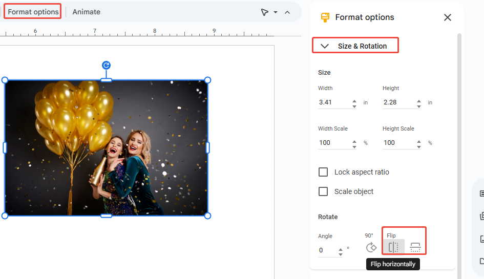 click size & rotate to flip image