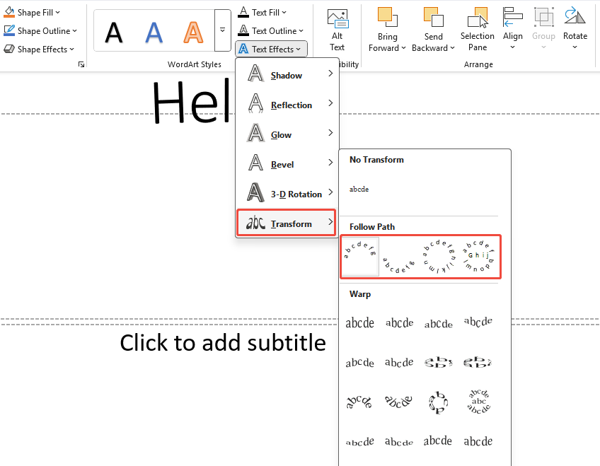 choose curved text type