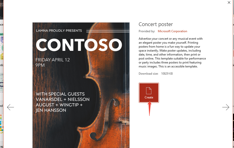 click create to apply the template